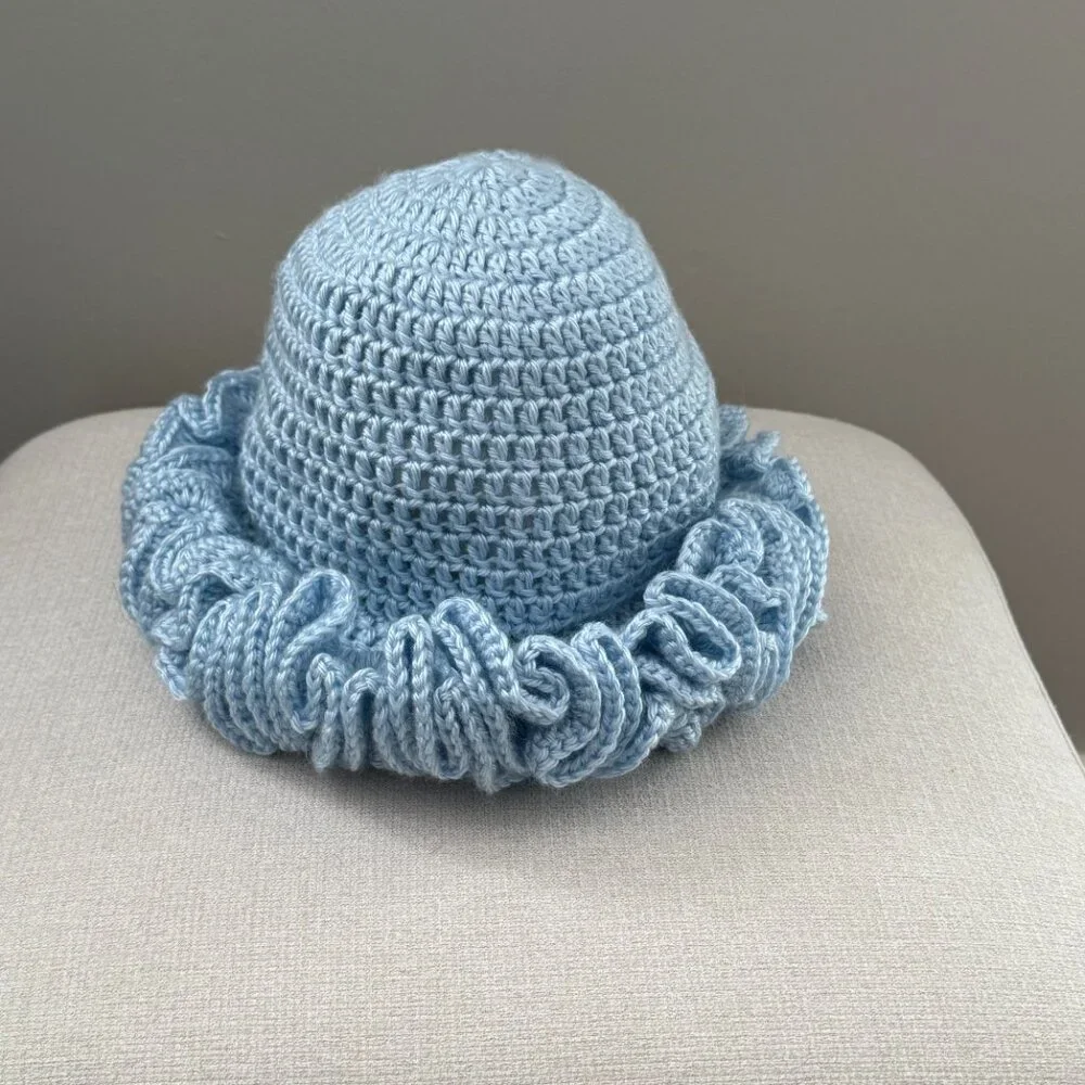 Crochet Ruffle Edge Hat Toque Light Blue - Picture 6 of 6